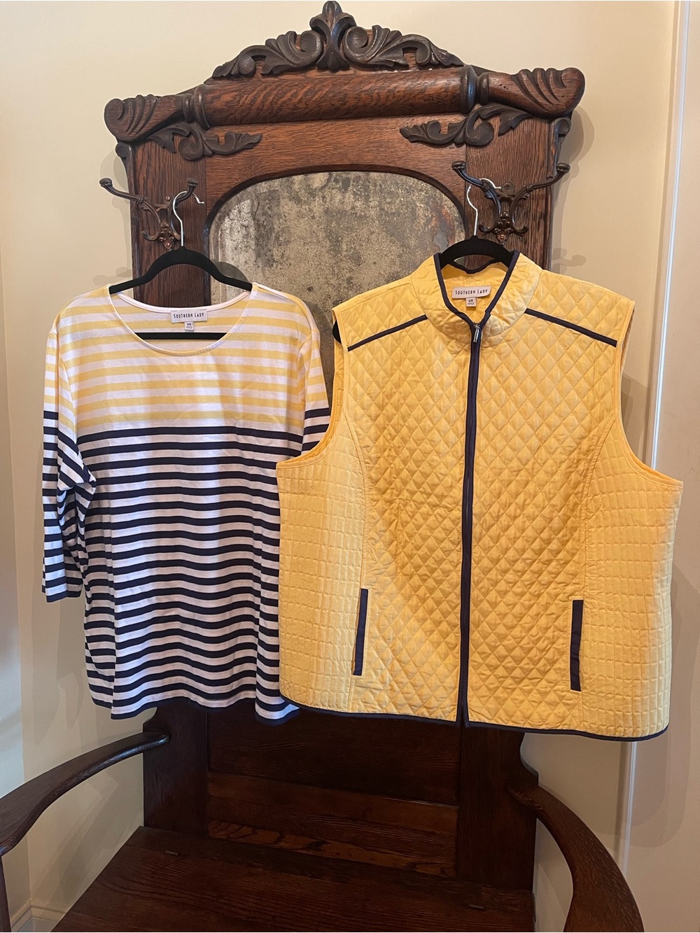 Southern Lady Classic Quilted Vest & Matching Shirt Size 2X Yellow Navy White